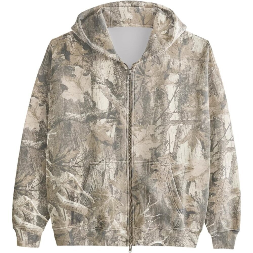 Womens Mens Camo Zip Up Hoodie Maple Leaf Print Oversized Hooded Sweatshirt Flee